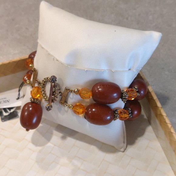 VINTAGE Women's Brown Wood/Plastic Beads w/Brass Separators & Larait Closure - Picture 9 of 13